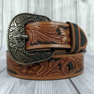 Floral Embossed Western Hand-Tooled Leather Belt, Leather Belt For Men & Women